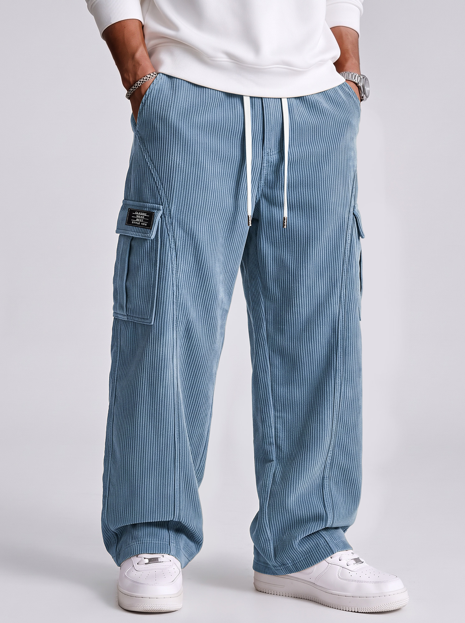 Men's Corduroy-Paneled Casual Cargo Pants with Contrast Stitching and Multiple Pockets