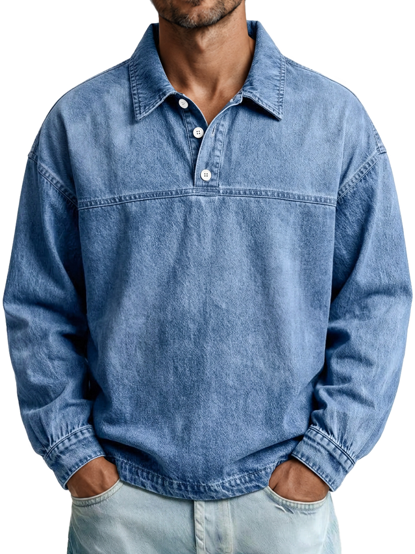 Men's Autumn Vintage Washed Cotton Long-Sleeve Casual Polo Shirt with Stitching Detail