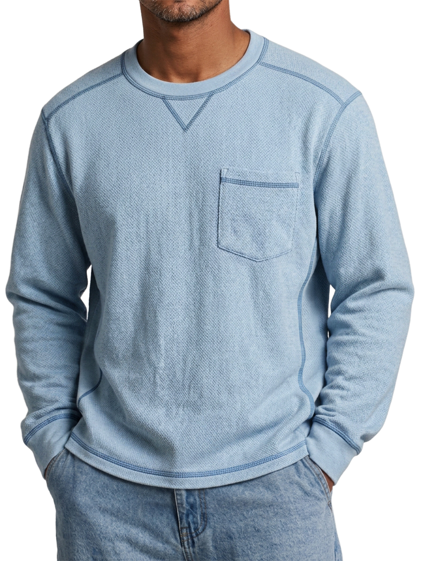 Men's Casual Long-Sleeve Crew-Neck T-Shirt with Contrast Stitching