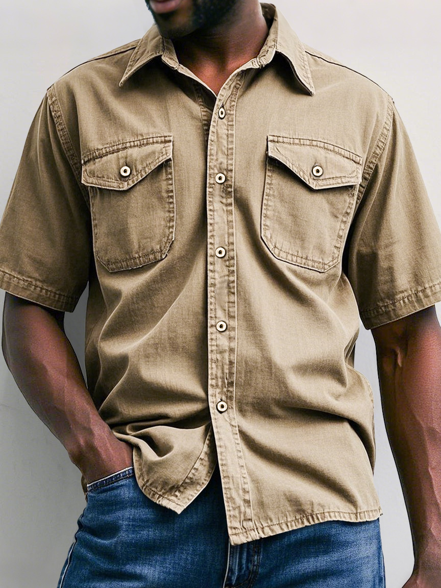 Men's Retro Workwear Double Pocket Casual Solid Color Short Sleeve Shirt