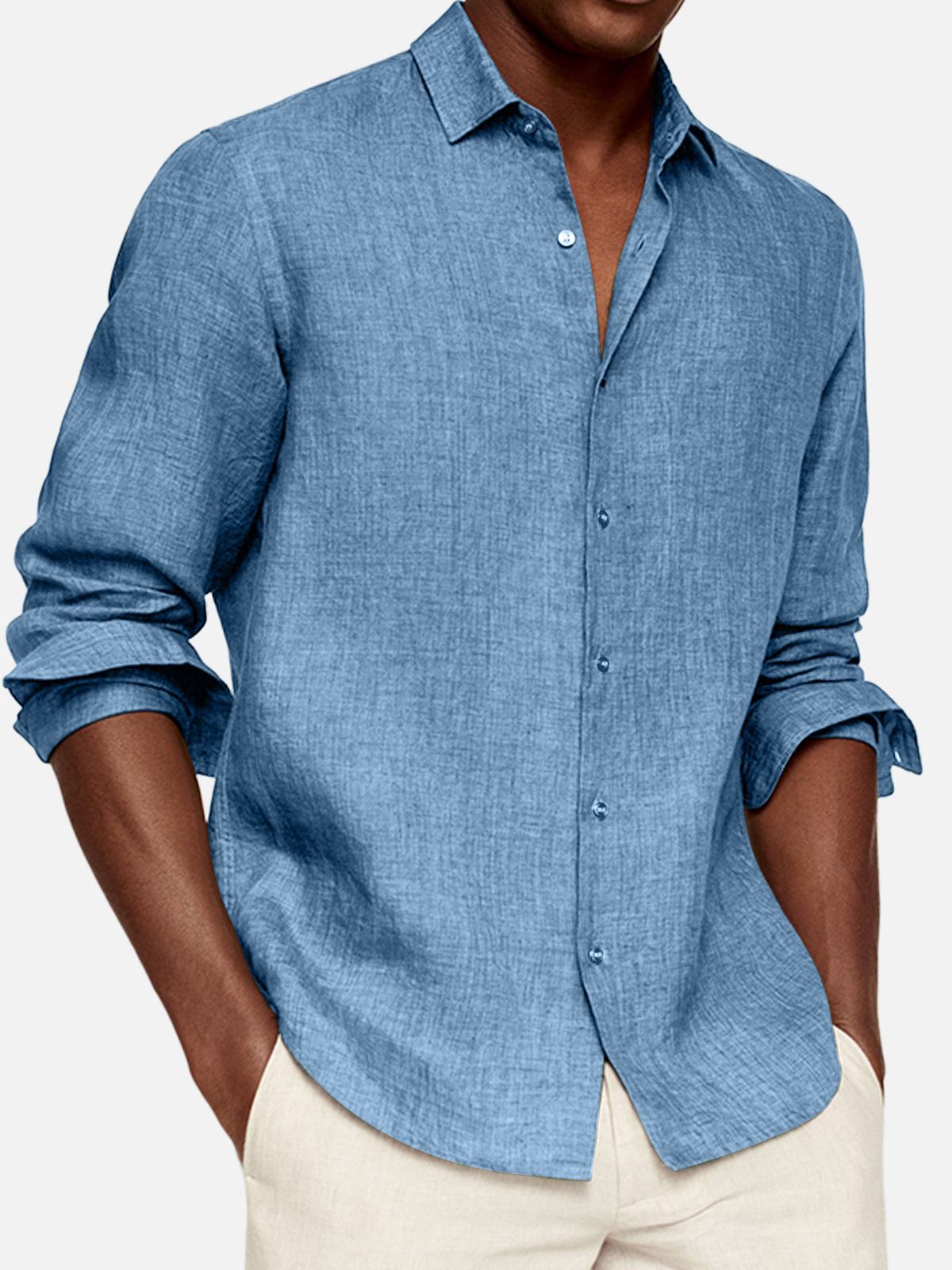 Men's Casual Cotton And Linen Solid Color Lapel Comfortable Long-sleeved Shirt