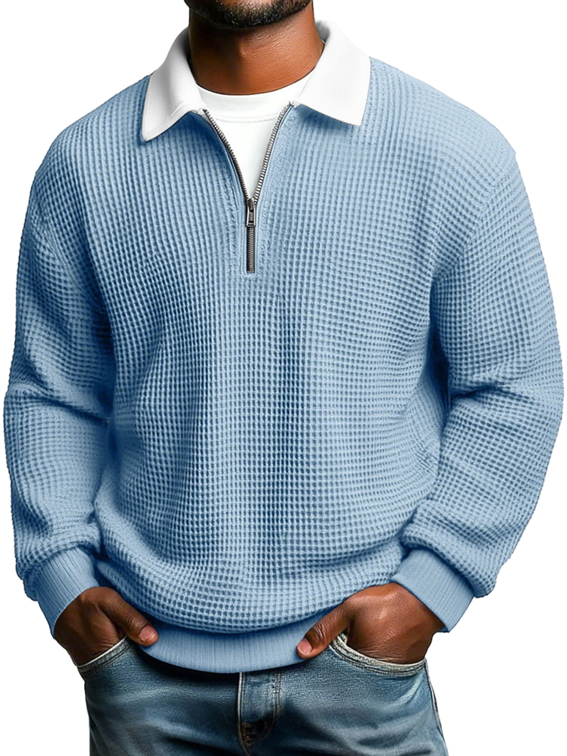 Simple Waffle-knit Collared Zip-up Casual Loose Long-sleeved Polo Shirt