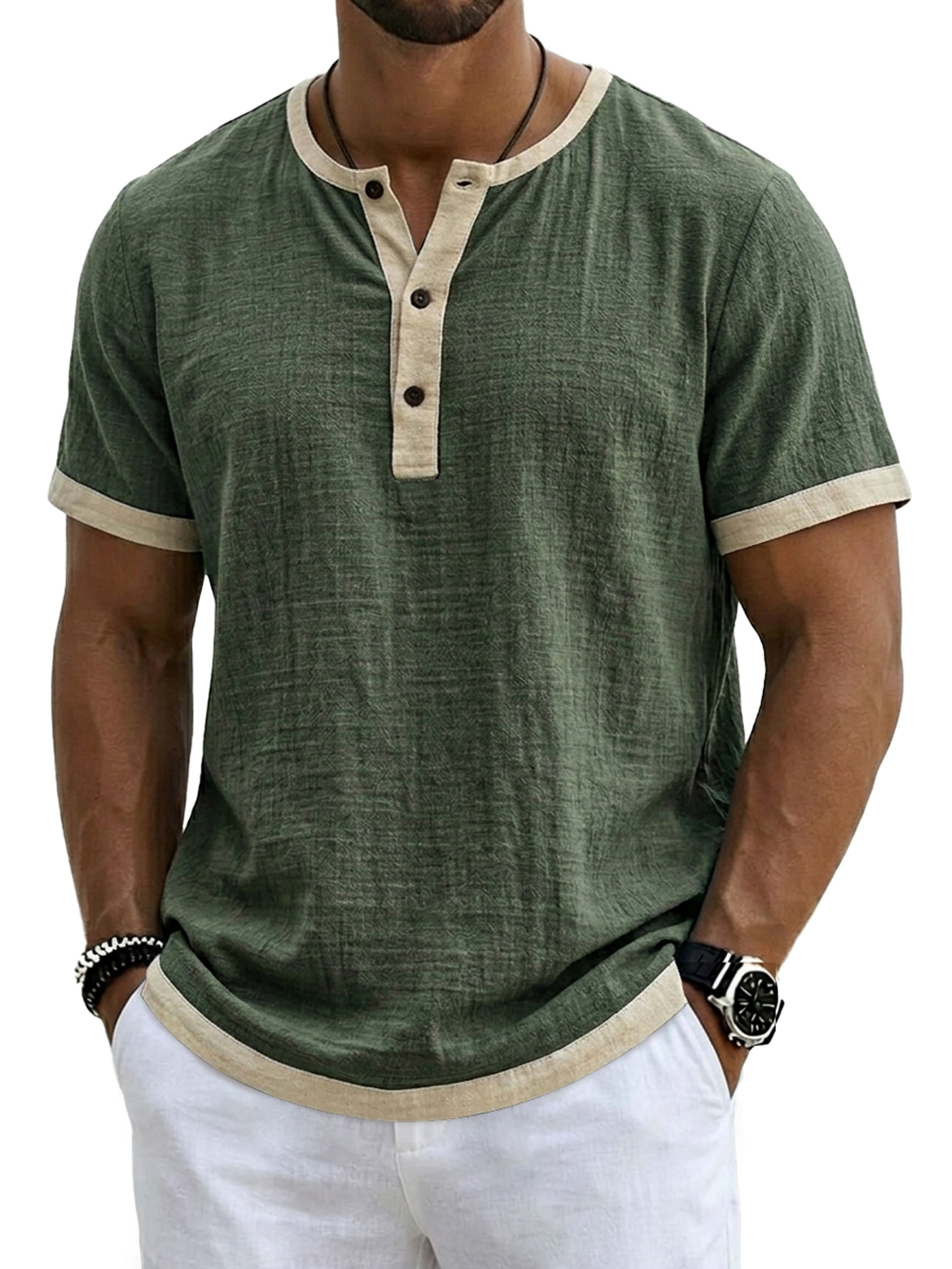 Men's Retro Linen Color Block Casual Short-Sleeve Henley Shirt
