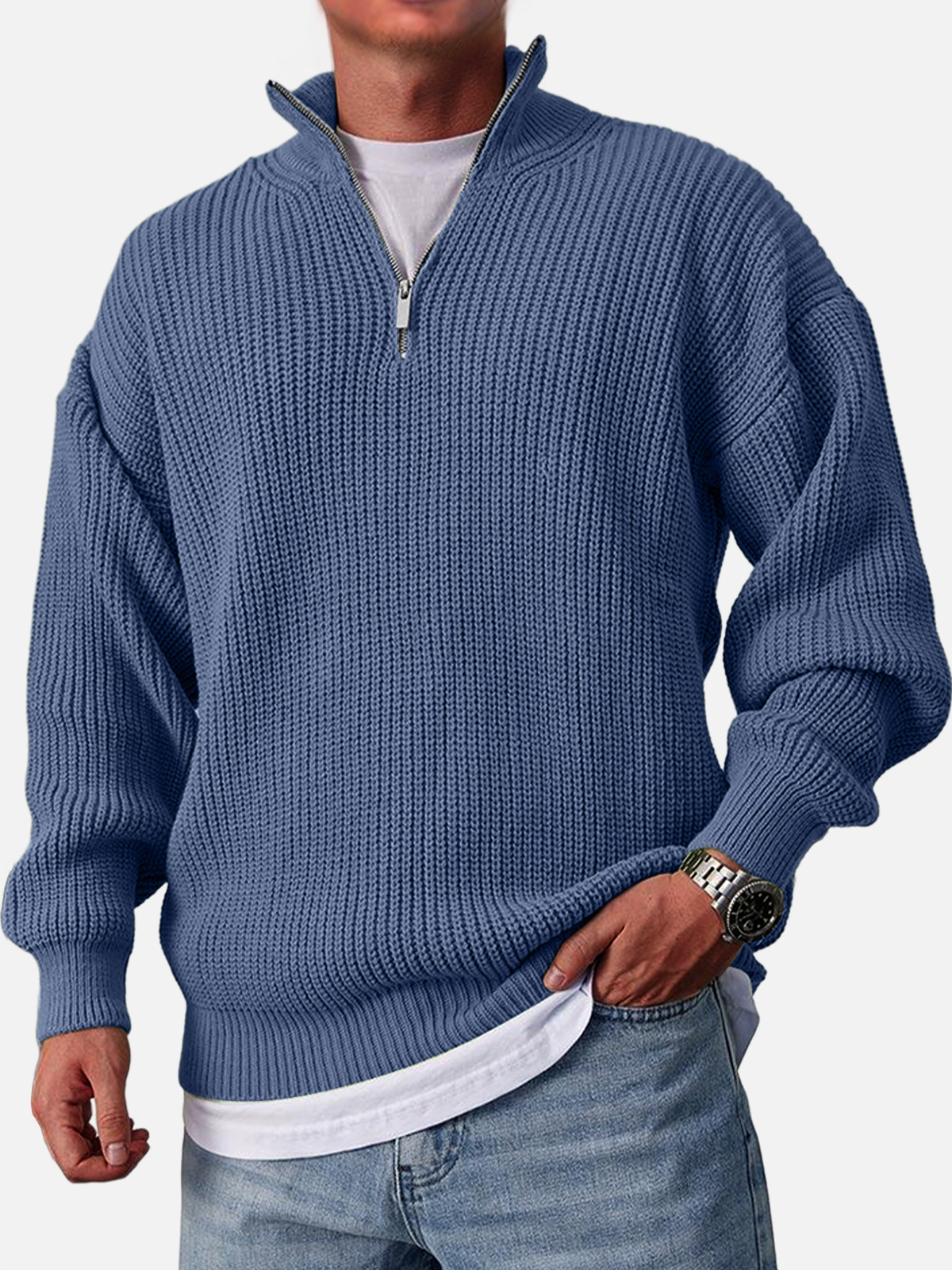 Men's Casual Fashion Loose Zipper Stand Collar Solid Color Sweater