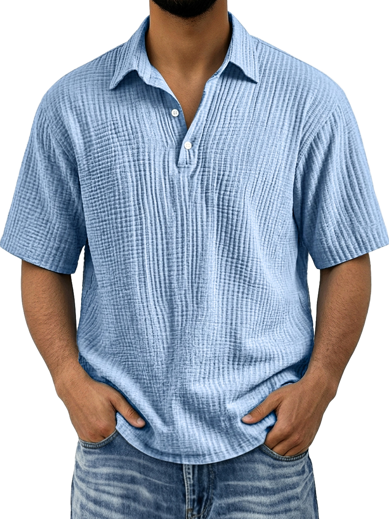 Men's Polo Shirt with Pleated Collar, Button-Down Casual Solid Color Short Sleeve