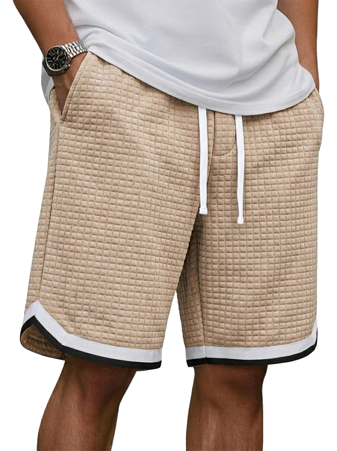 Men's Waffle Webbing Patchwork Casual Loose Shorts