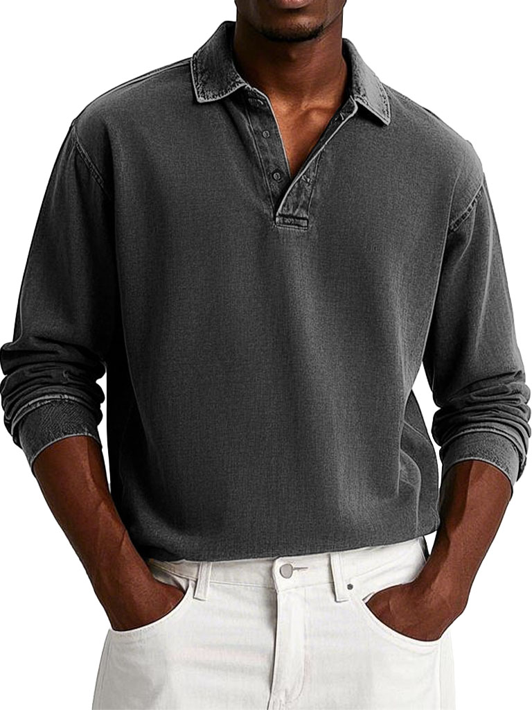 Men's Fashion Casual Retro Distressed Lapel Long-sleeved Polo Shirt 
