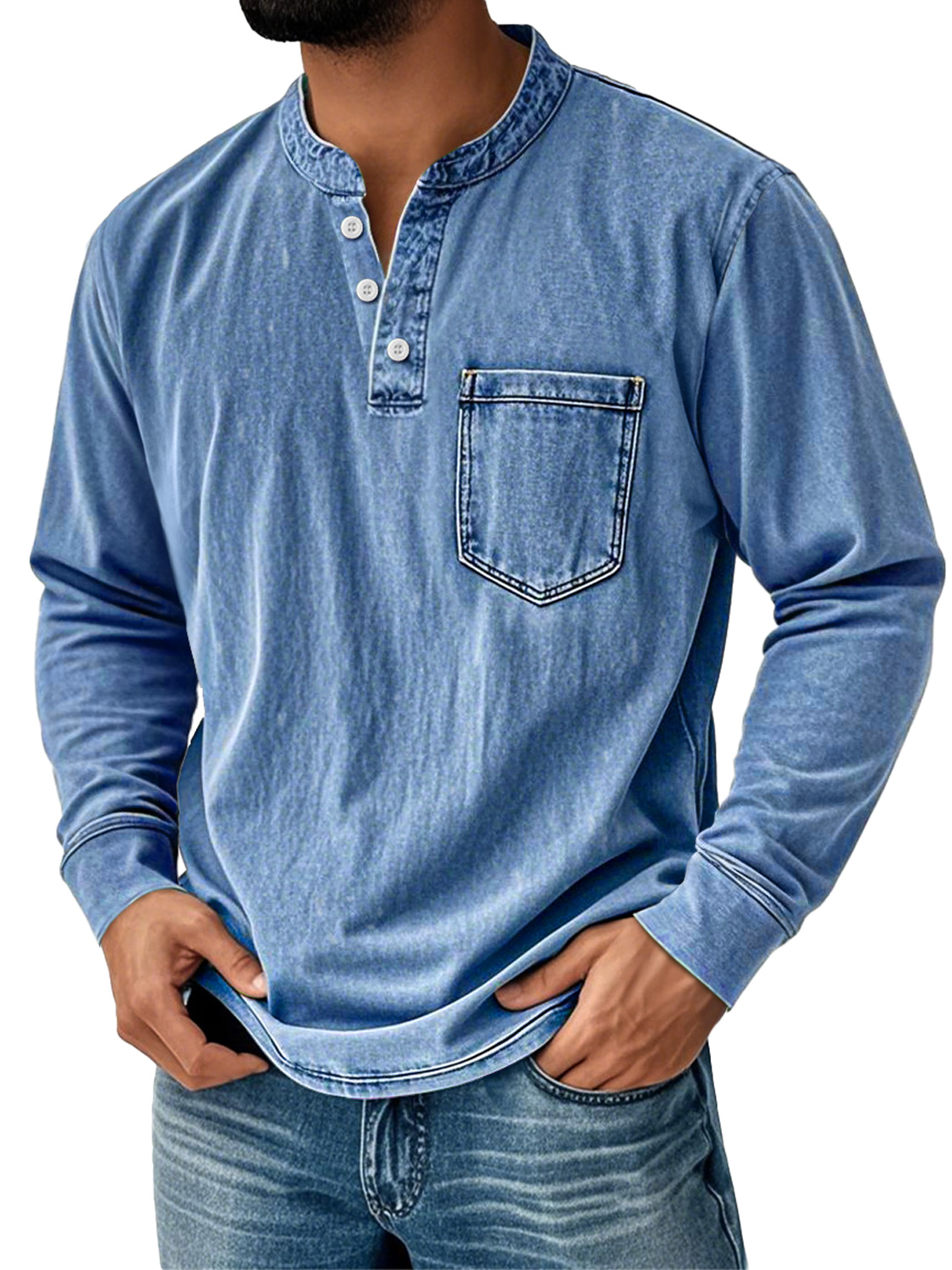Men's Retro Stand Collar Pocket Casual Distressed Long Sleeve Henley Shirt