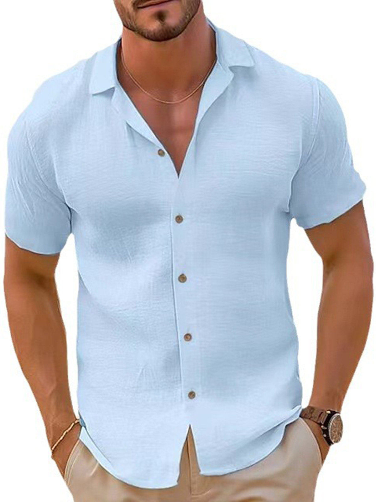 Men's beach solid color lapel cotton short-sleeved shirt