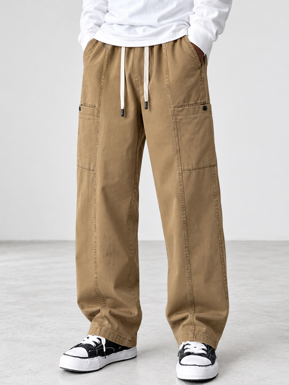 Men's 100% Cotton Retro Washed Multi-Pocket Straight Leg Pants