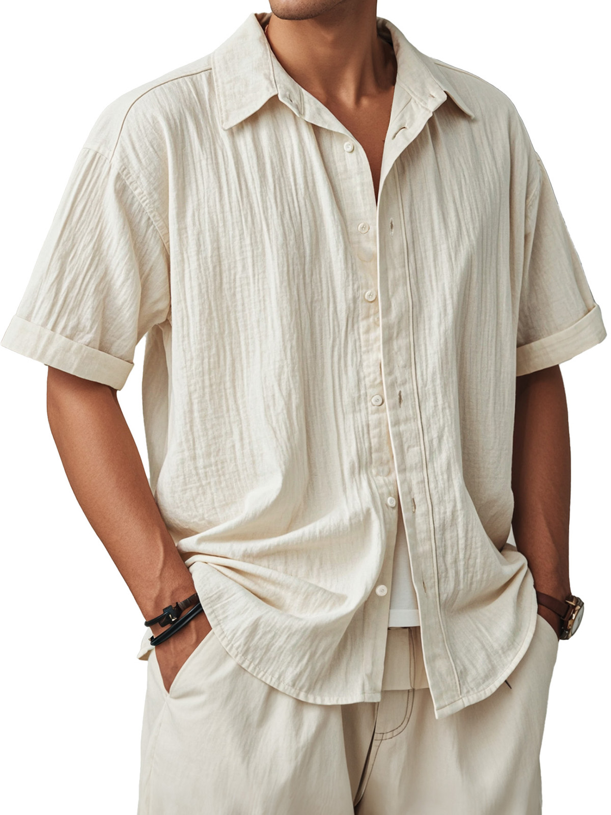 Men's Fashion Casual Pleated Fabric Short Sleeve Shirt