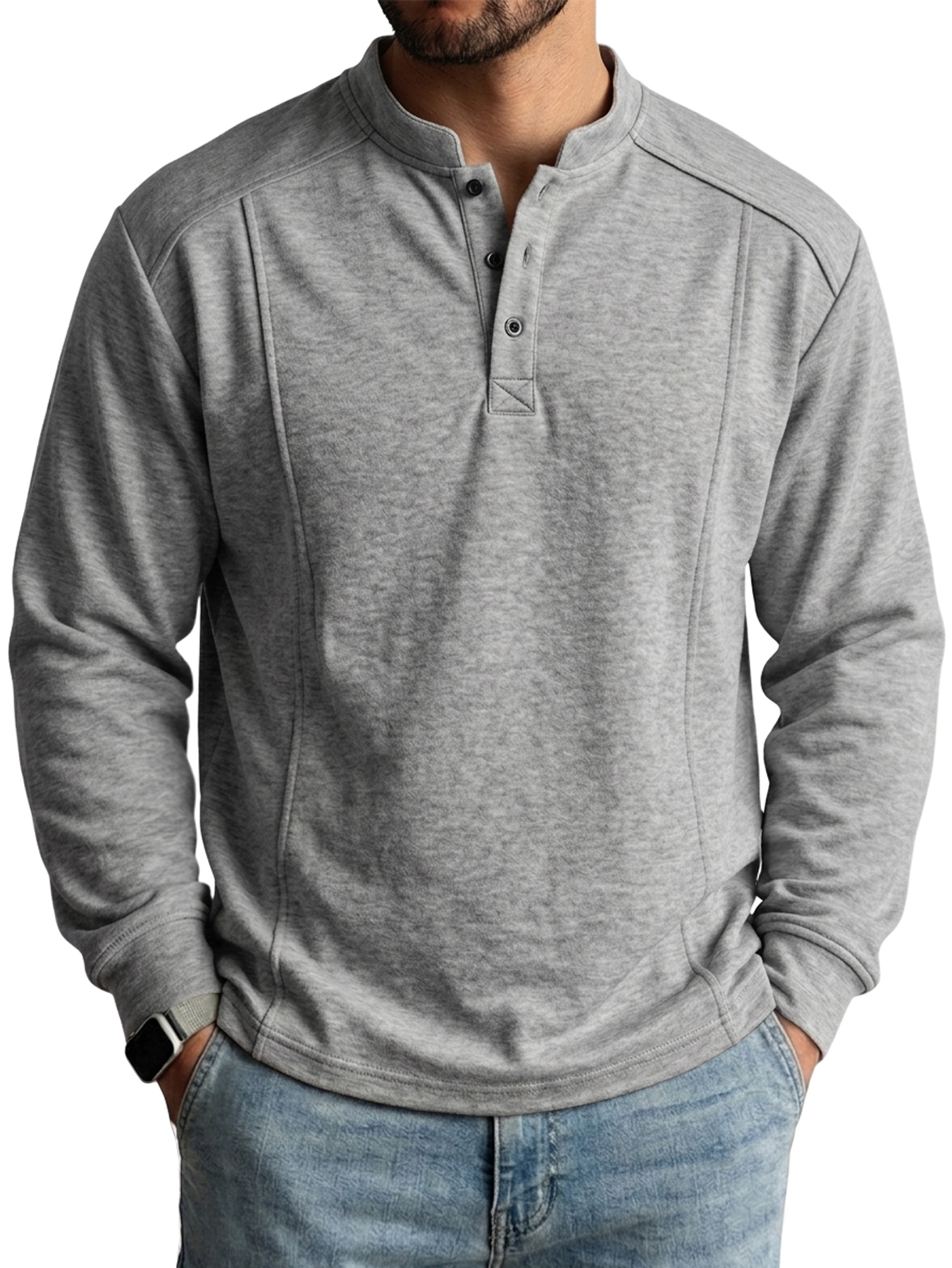 Men's Deconstructed Long-Sleeve Henley Shirt with Stand Collar and Button Detail