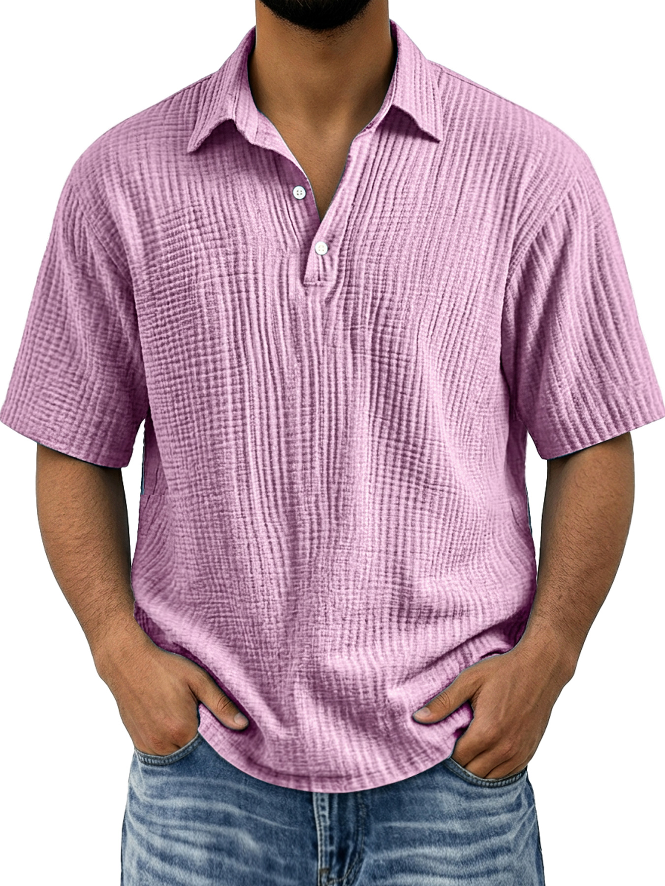 Men's Polo Shirt with Pleated Collar, Button-Down Casual Solid Color Short Sleeve