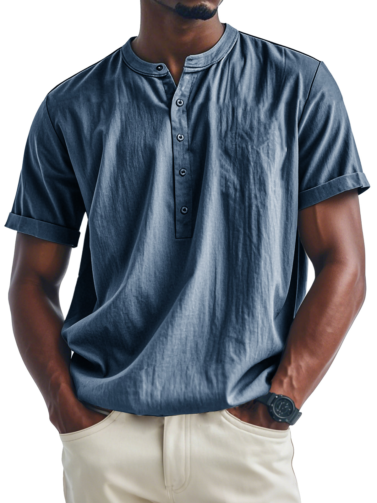 Men's Fashion Casual Stand Collar Multi-Button Short Sleeve Henley Shirt