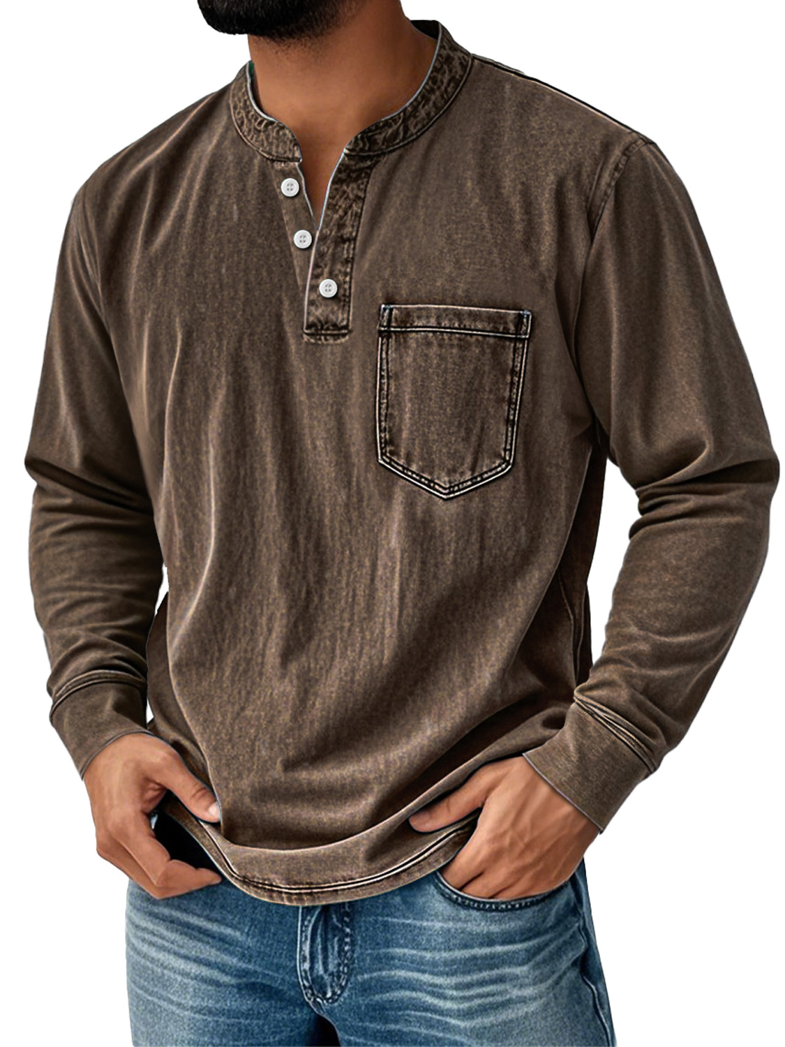 Men's Retro Stand Collar Pocket Casual Distressed Long Sleeve Henley Shirt