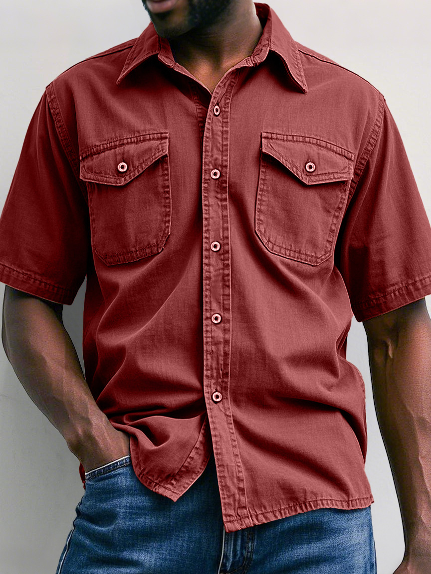Men's Retro Workwear Double Pocket Casual Solid Color Short Sleeve Shirt