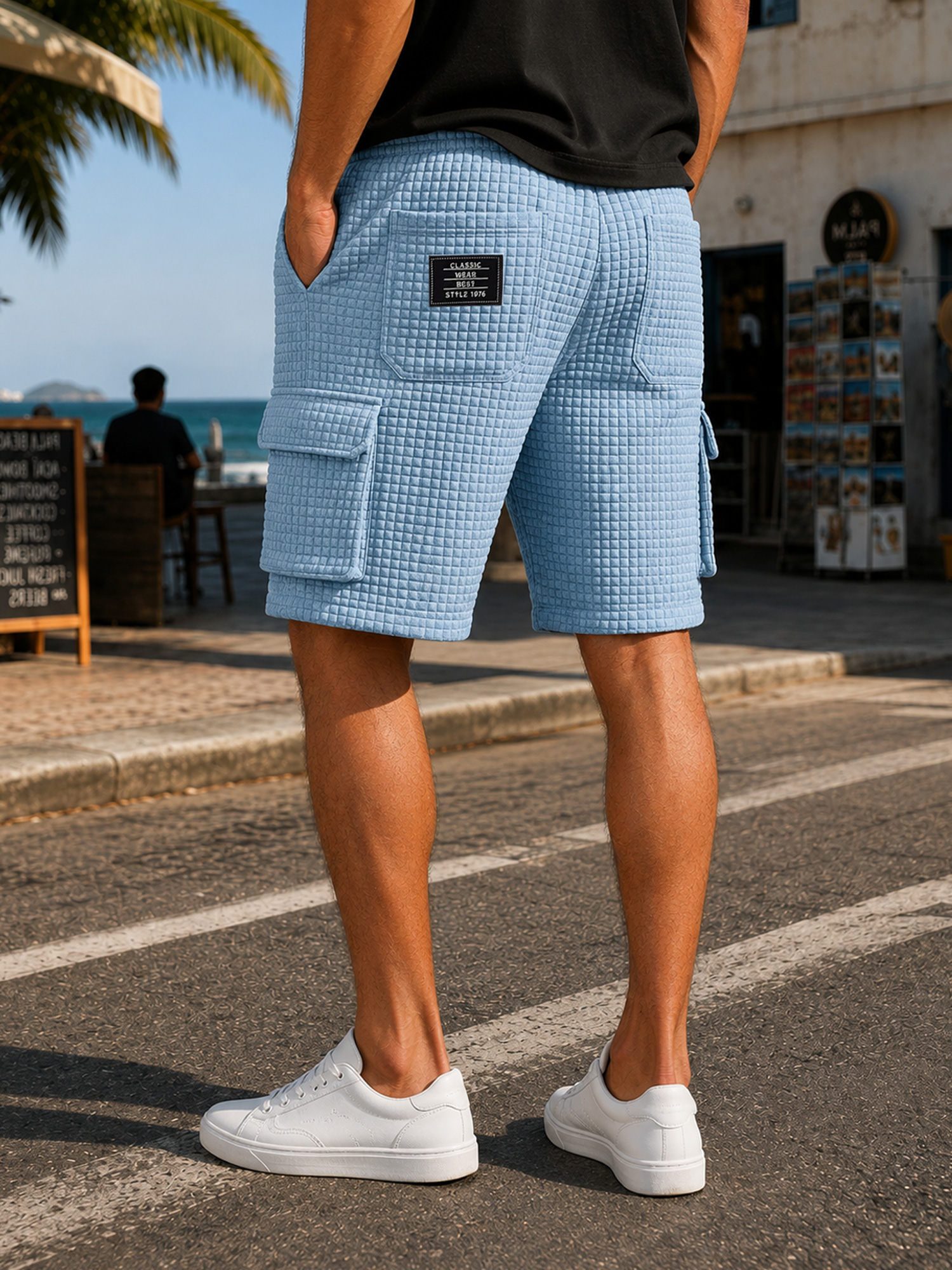 Men's Small-Check Multi-Pocket Casual Utility Shorts with Embroidered Logo