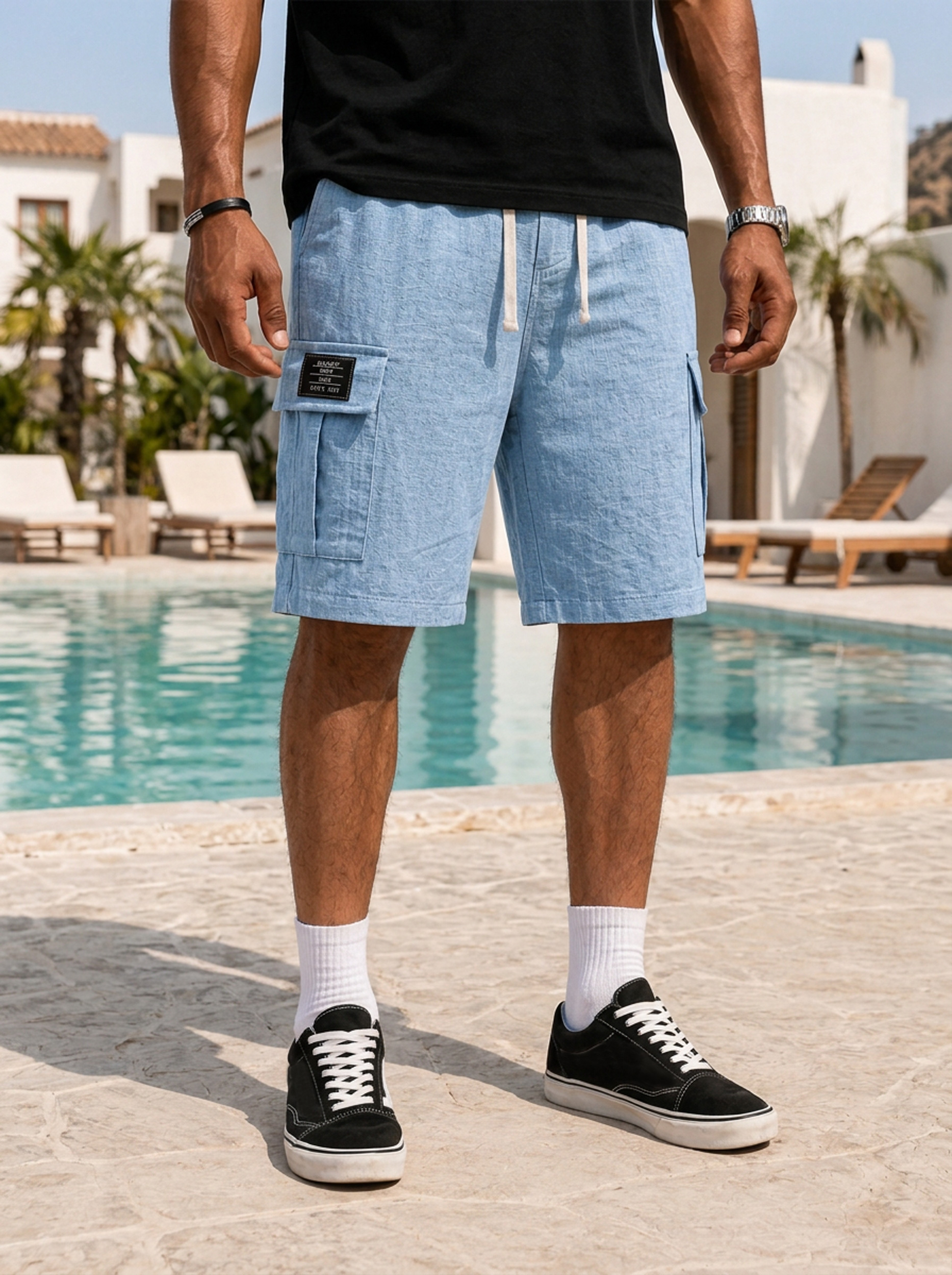 Men's Cotton Linen Embroidered Logo Casual Comfortable Shorts
