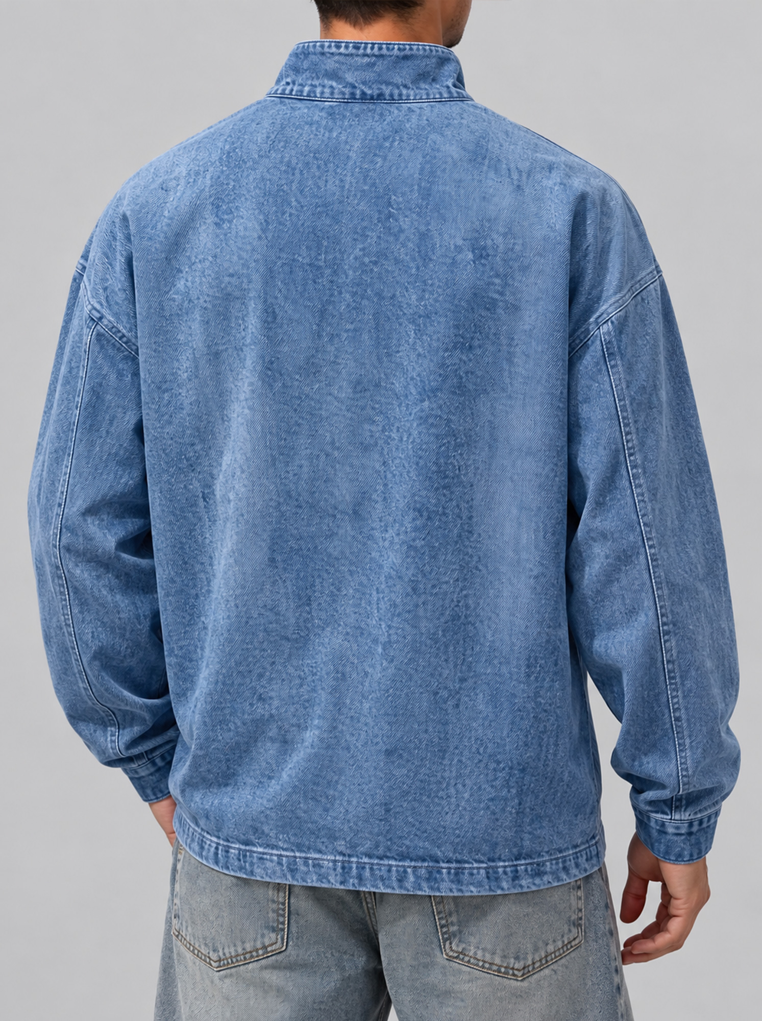 Men's Vintage Denim-Style Stand-Collar Zip-Front Casual T-Shirt