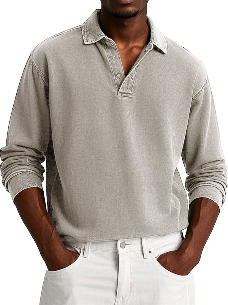 Men's Fashion Casual Retro Distressed Lapel Long-sleeved Polo Shirt 