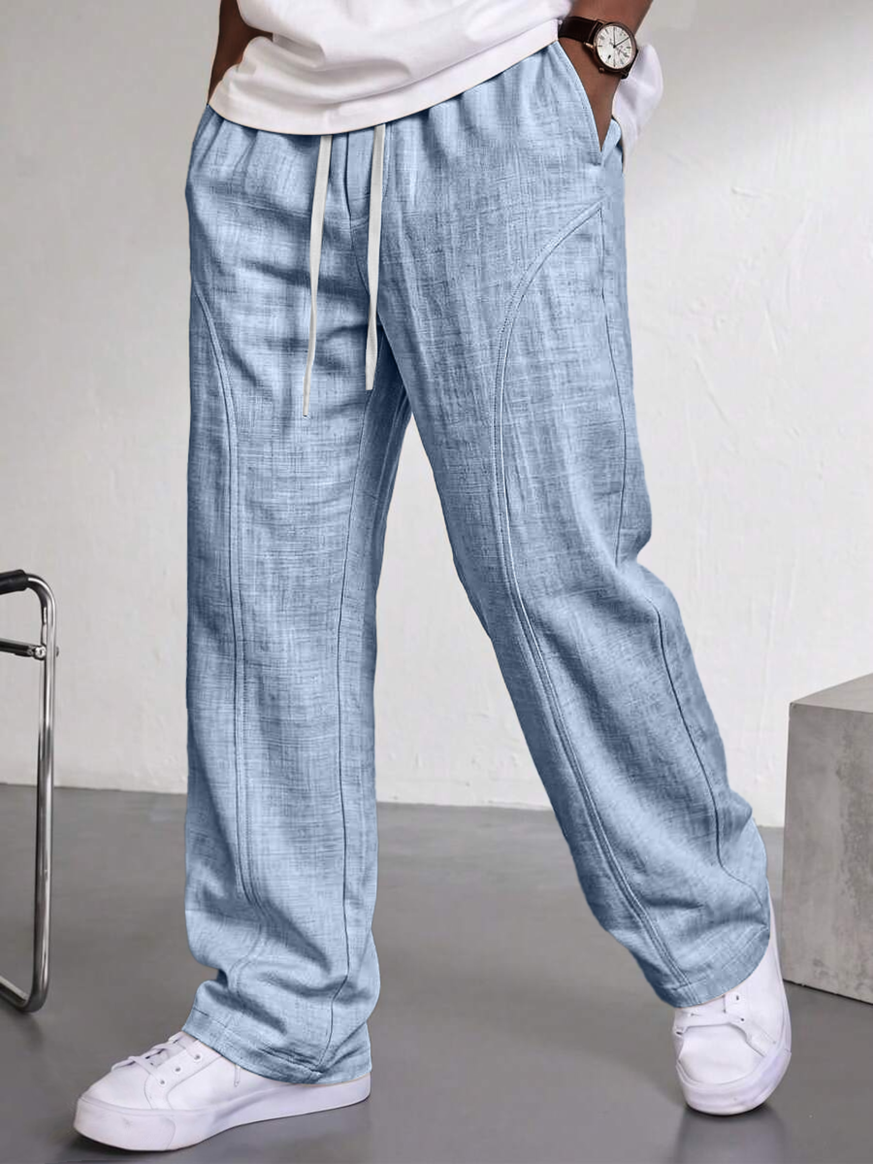 Men's Comfortable Cotton-Linen Casual Trousers with Deconstructed Design and Embroidered Logo