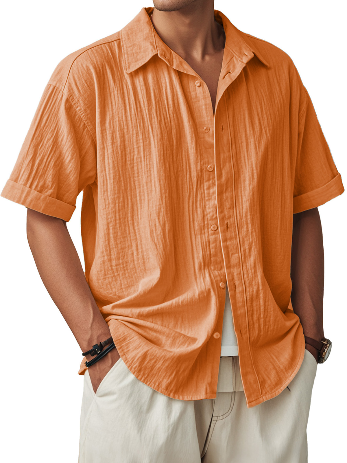 Men's Fashion Casual Pleated Fabric Short Sleeve Shirt