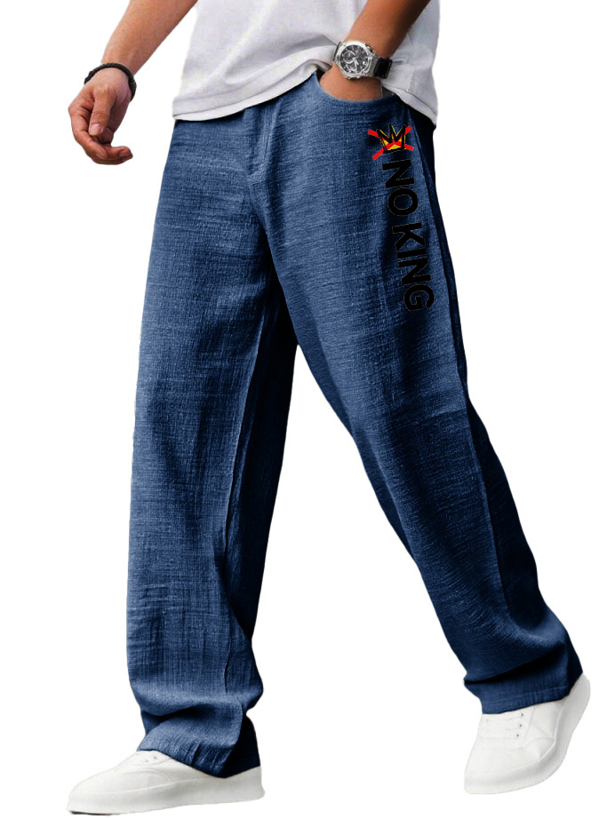 "no King" Letter-printed Casual Linen Fabric Loose Pocket Pants