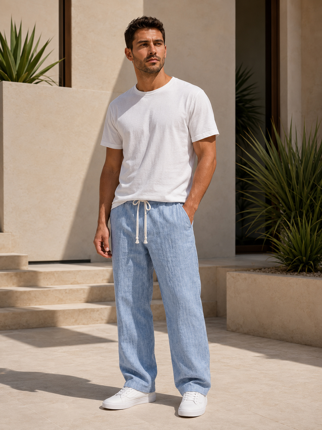 Men's Casual Linen Cargo Trousers with Embroidered Logo and Multiple Pockets