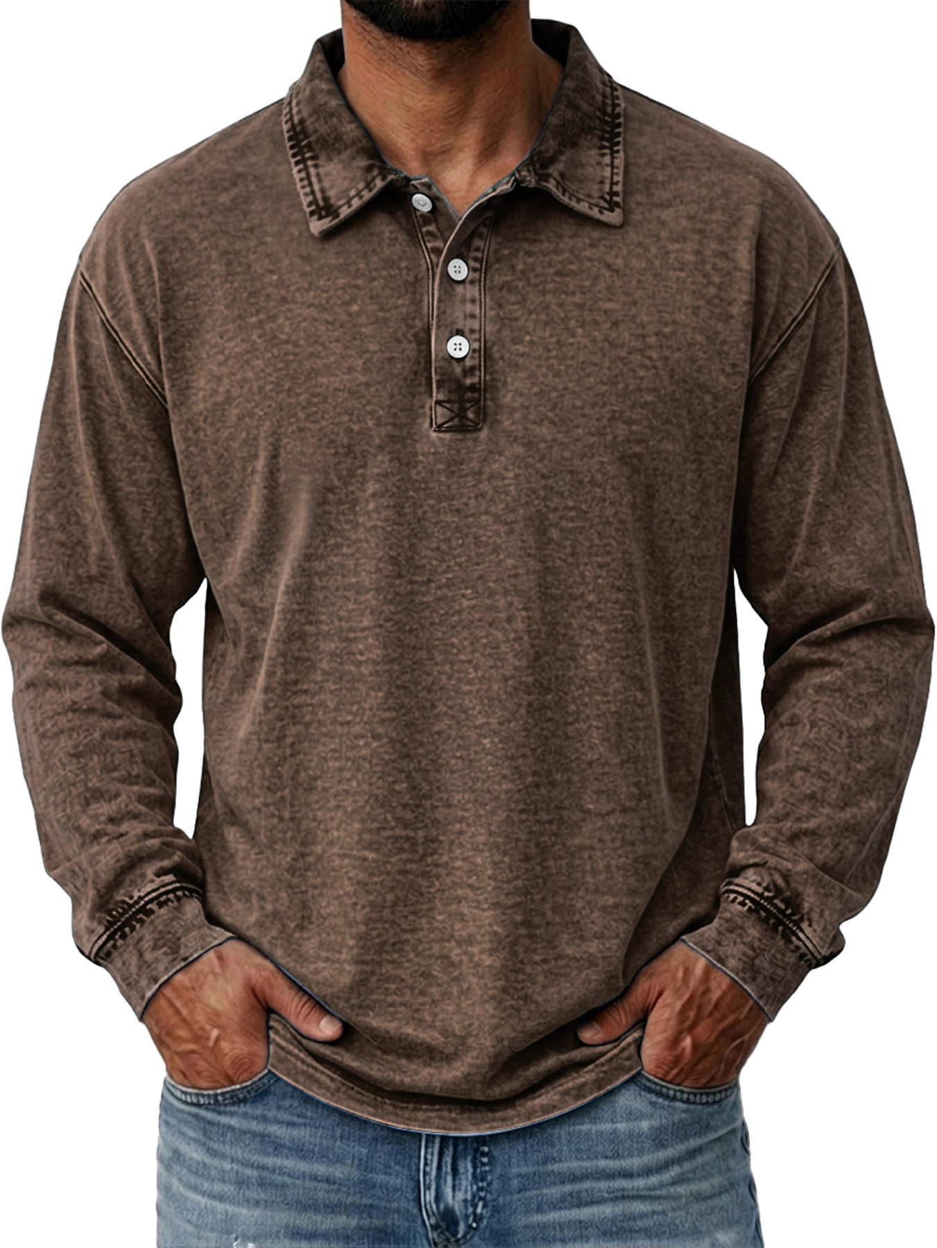 Men's Vintage Washed Cotton Long-Sleeve Polo Shirt with Collar and Button Placket