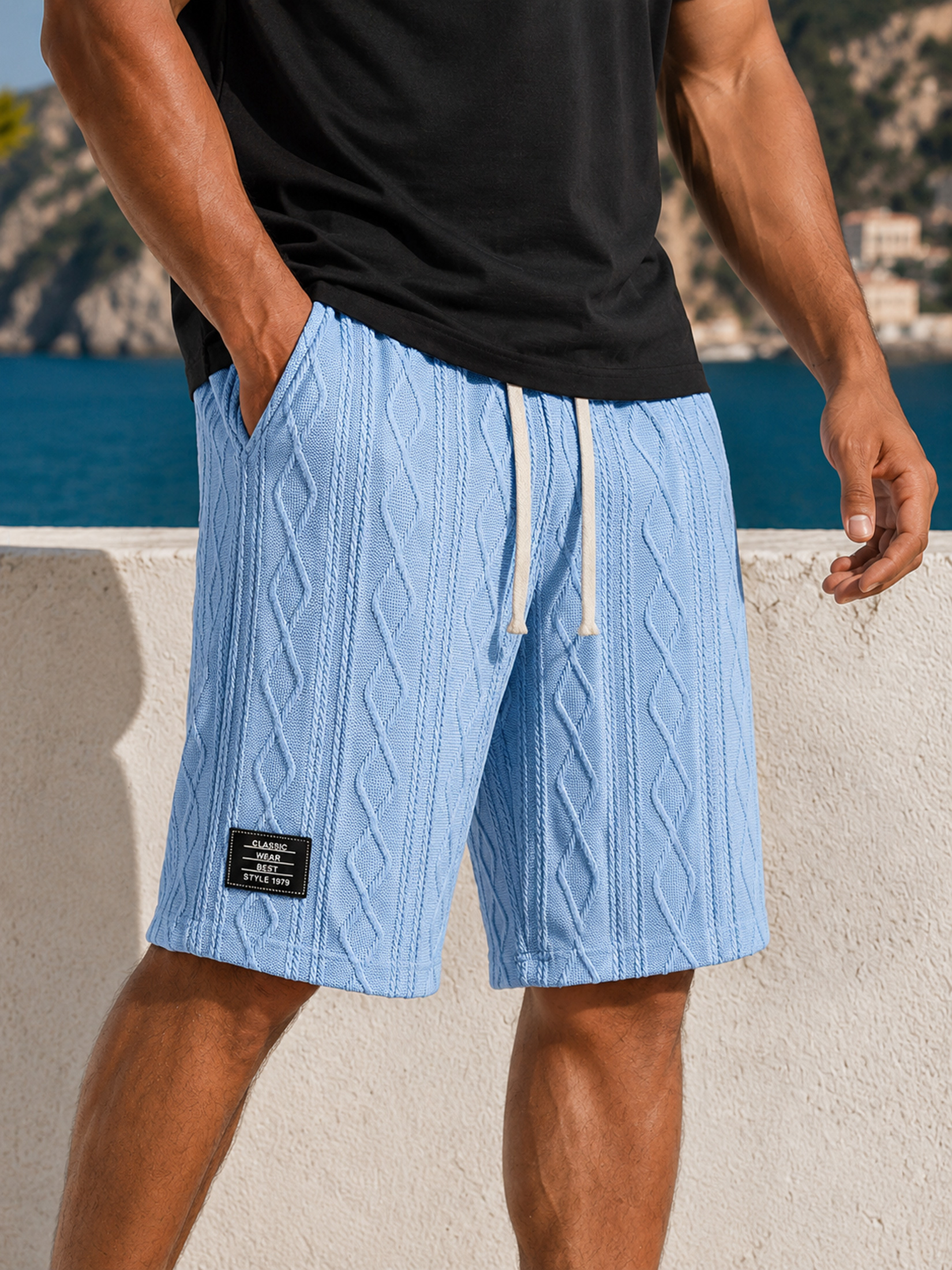 Men's Casual Jacquard Textured Embroidered Logo Loose Shorts