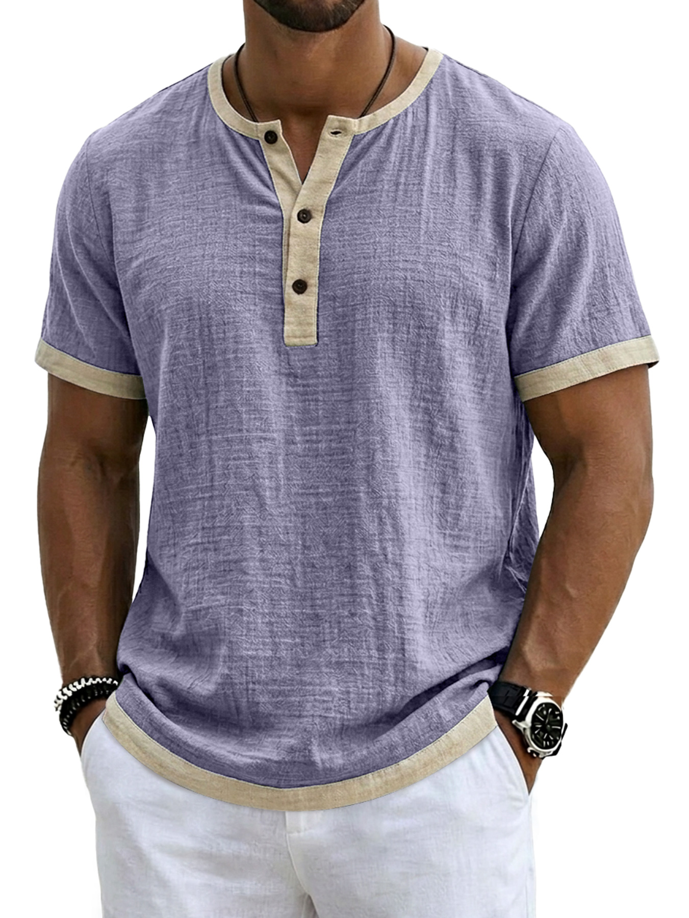 Men's Retro Linen Color Block Casual Short-Sleeve Henley Shirt