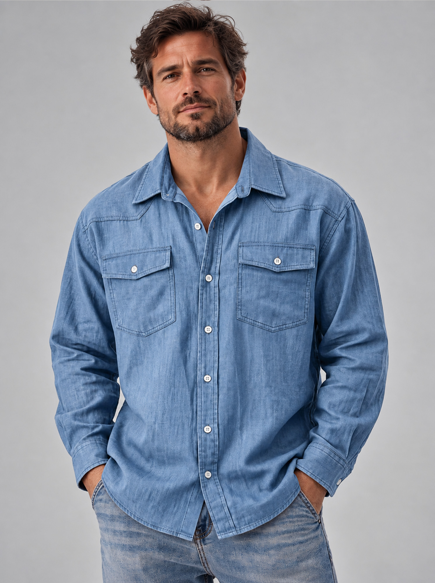 Men's Autumn Casual Long-Sleeve Shirt with Deconstructed Design and Dual Pockets