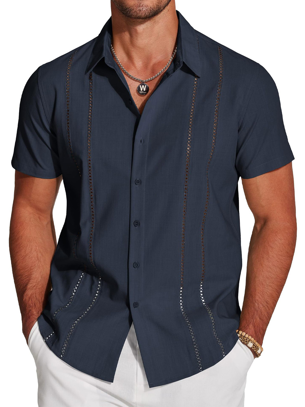 Men's Summer Solid Color Patchwork Short-Sleeved Shirt