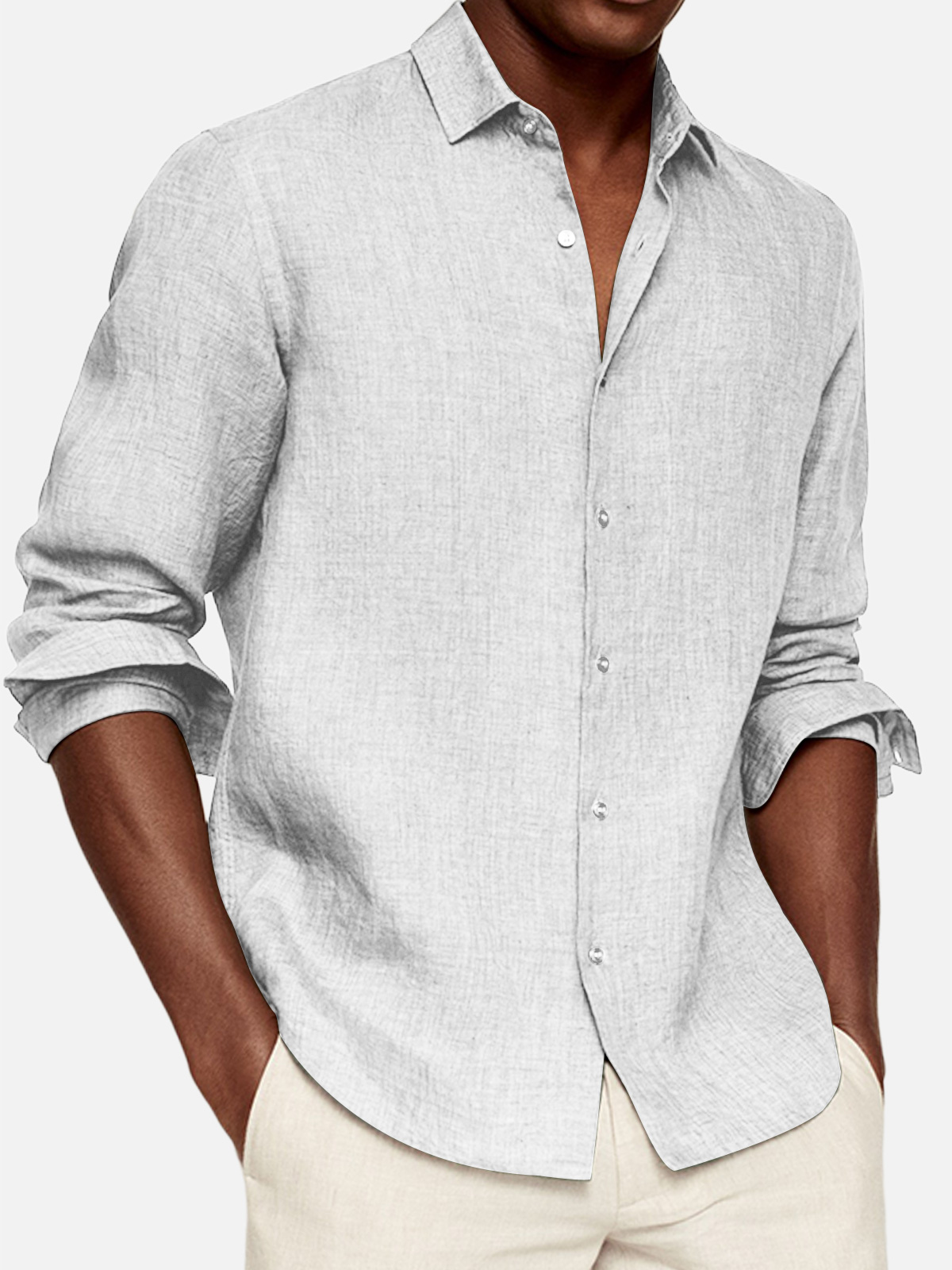 Men's Casual Cotton And Linen Solid Color Lapel Comfortable Long-sleeved Shirt