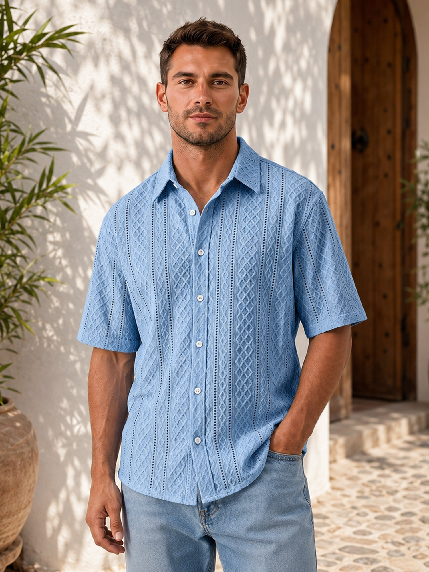 Men's Solid-Color Jacquard-Texture Casual Short-Sleeve Shirt