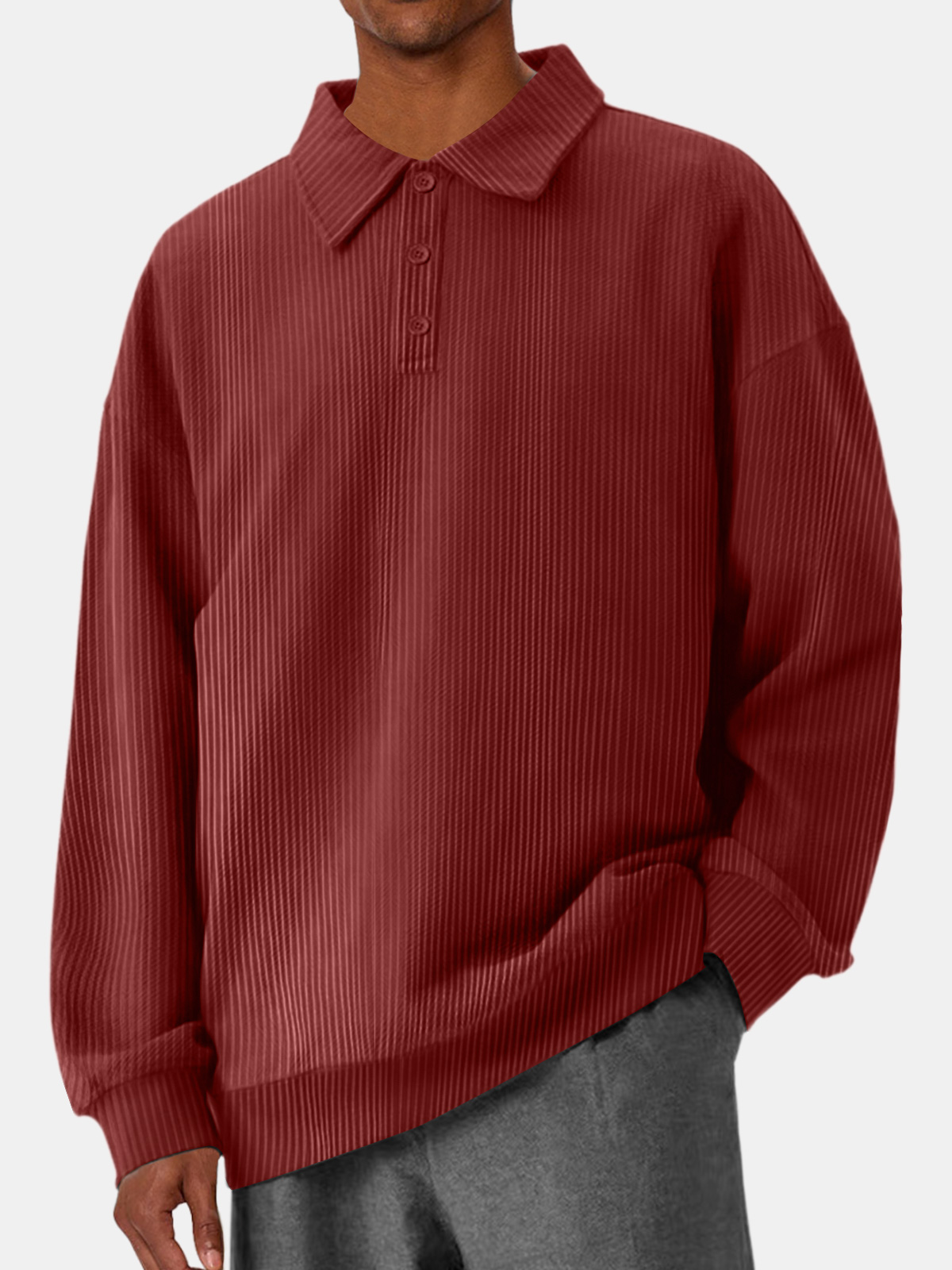 Men's Casual Pit Lapel Button Solid Color Comfortable Polo Sweatshirt