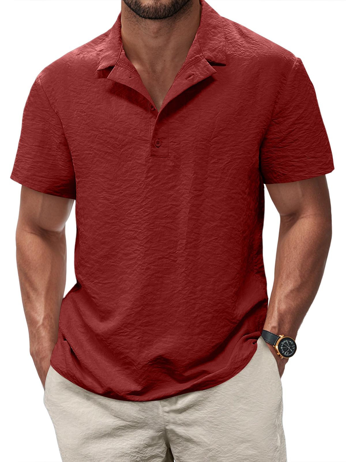 Men's Casual Pleated Texture Button Solid Color Short-sleeved Polo Shirt