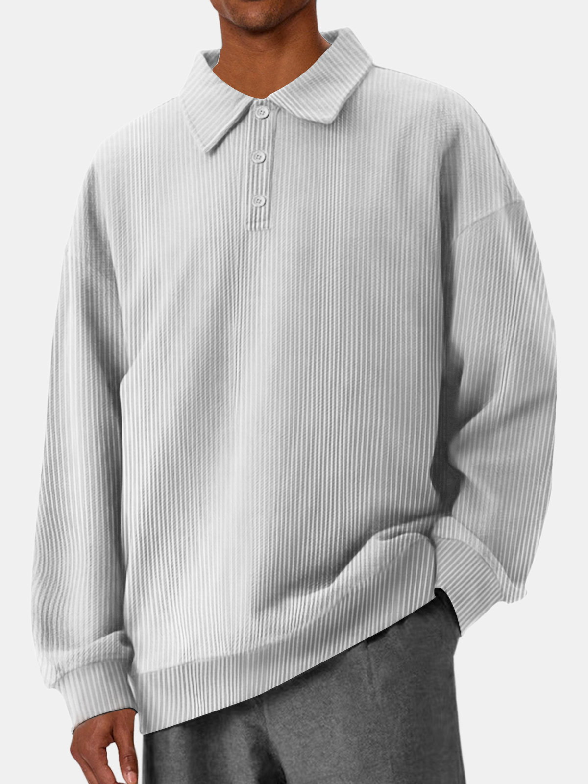 Men's Casual Pit Lapel Button Solid Color Comfortable Polo Sweatshirt