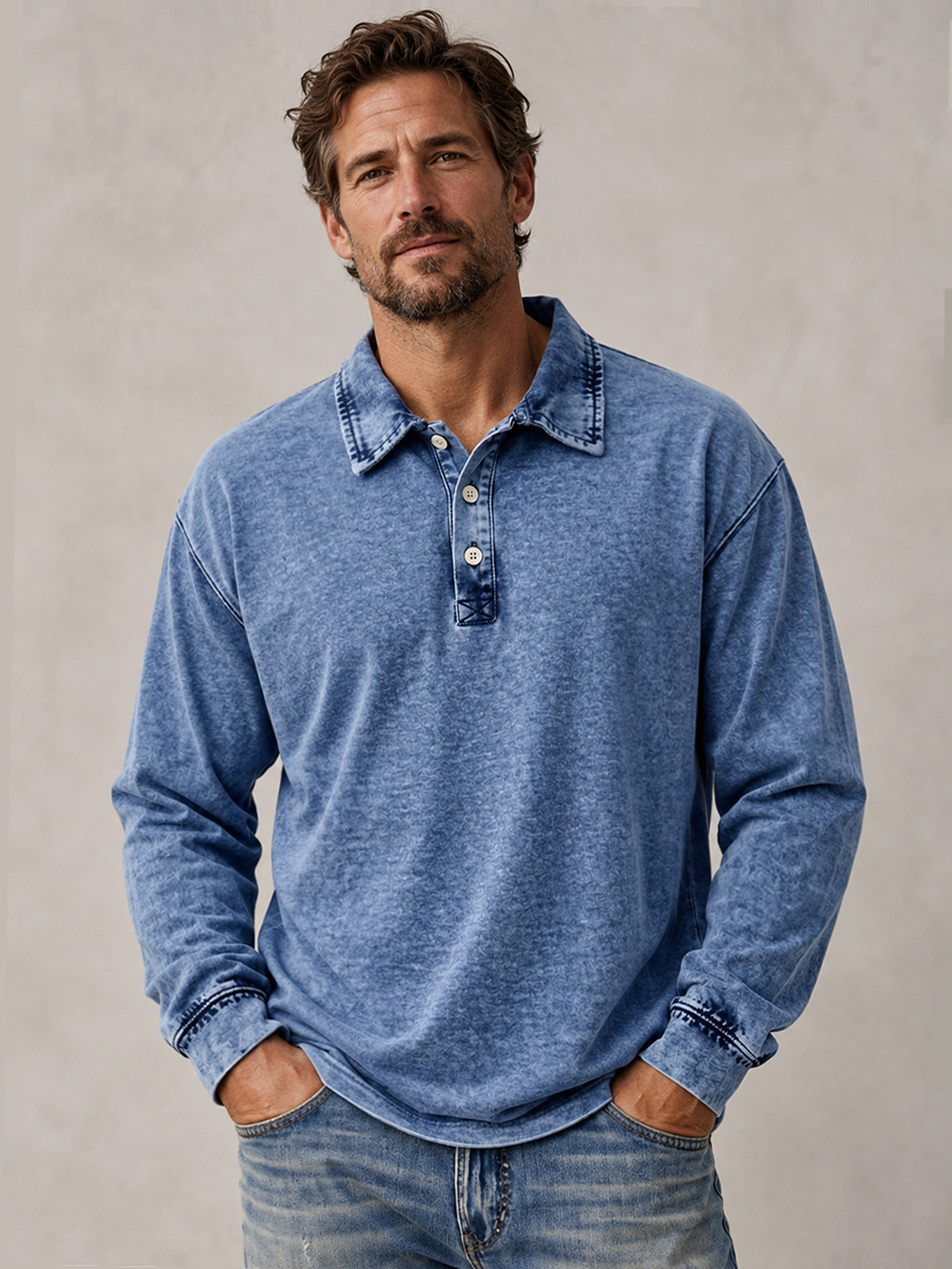 Men's Vintage Washed Cotton Long-Sleeve Polo Shirt with Collar and Button Placket