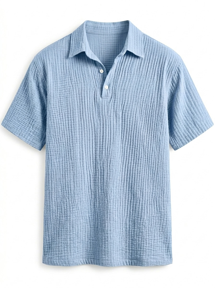 Men's Polo Shirt with Pleated Collar, Button-Down Casual Solid Color Short Sleeve