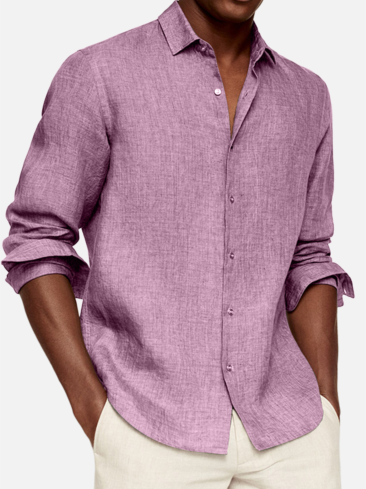 Men's Casual Cotton And Linen Solid Color Lapel Comfortable Long-sleeved Shirt