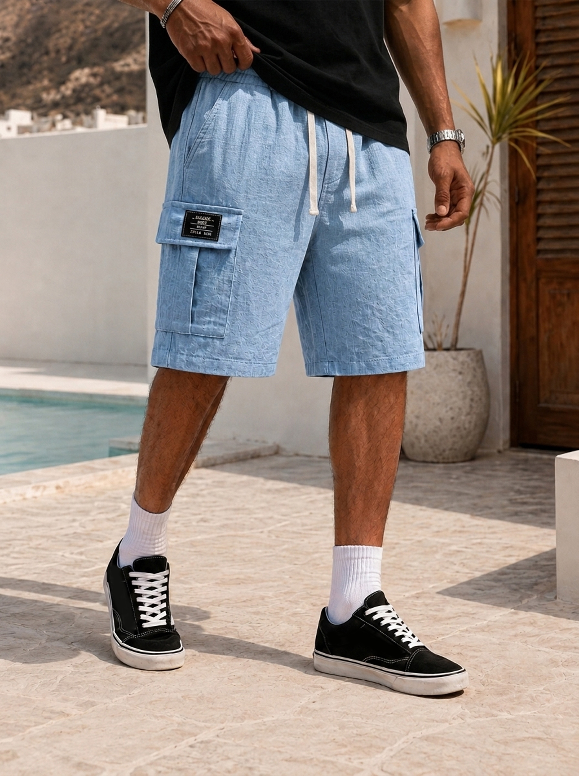 Men's Cotton Linen Embroidered Logo Casual Comfortable Shorts