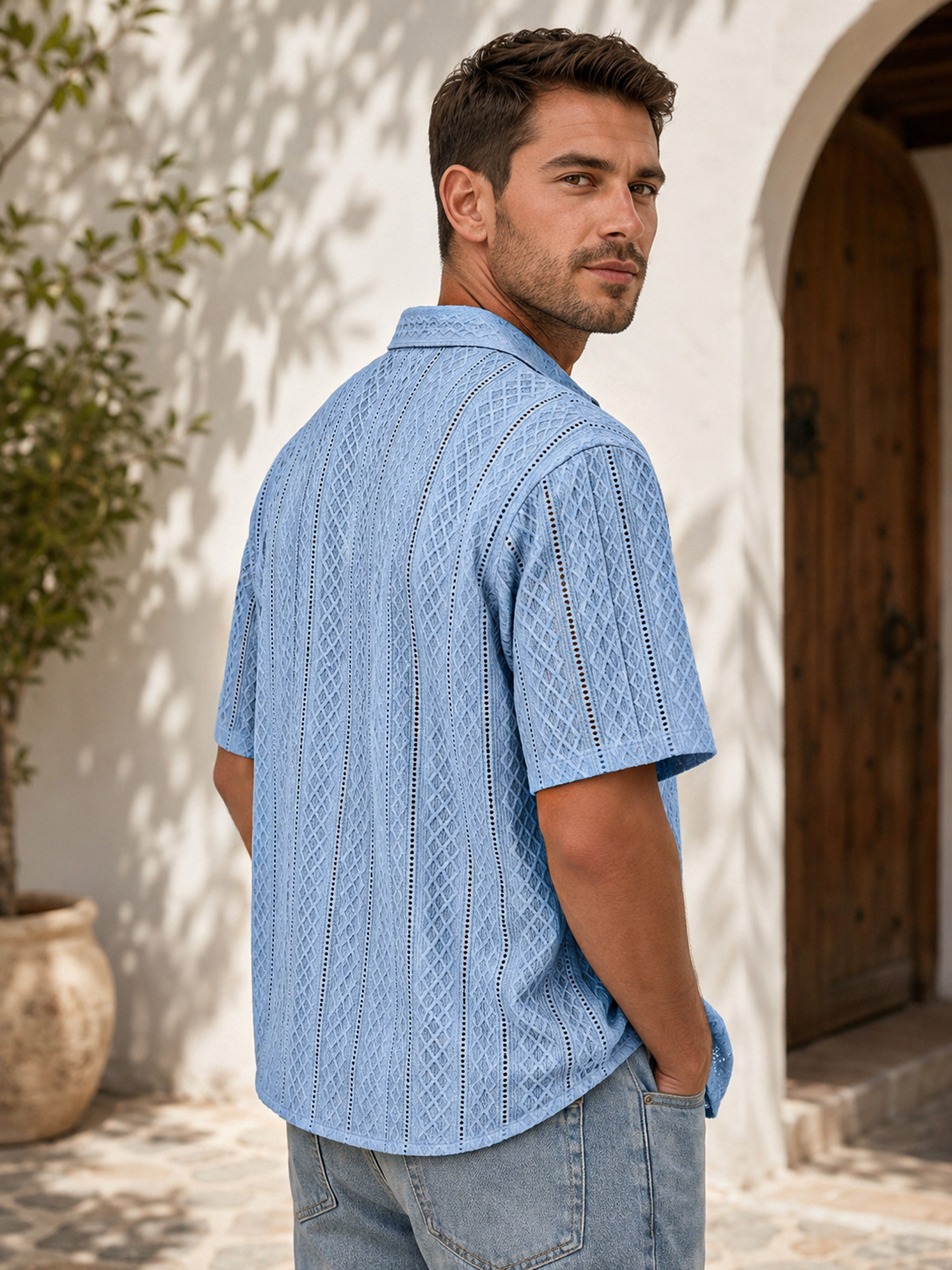 Men's Solid-Color Jacquard-Texture Casual Short-Sleeve Shirt