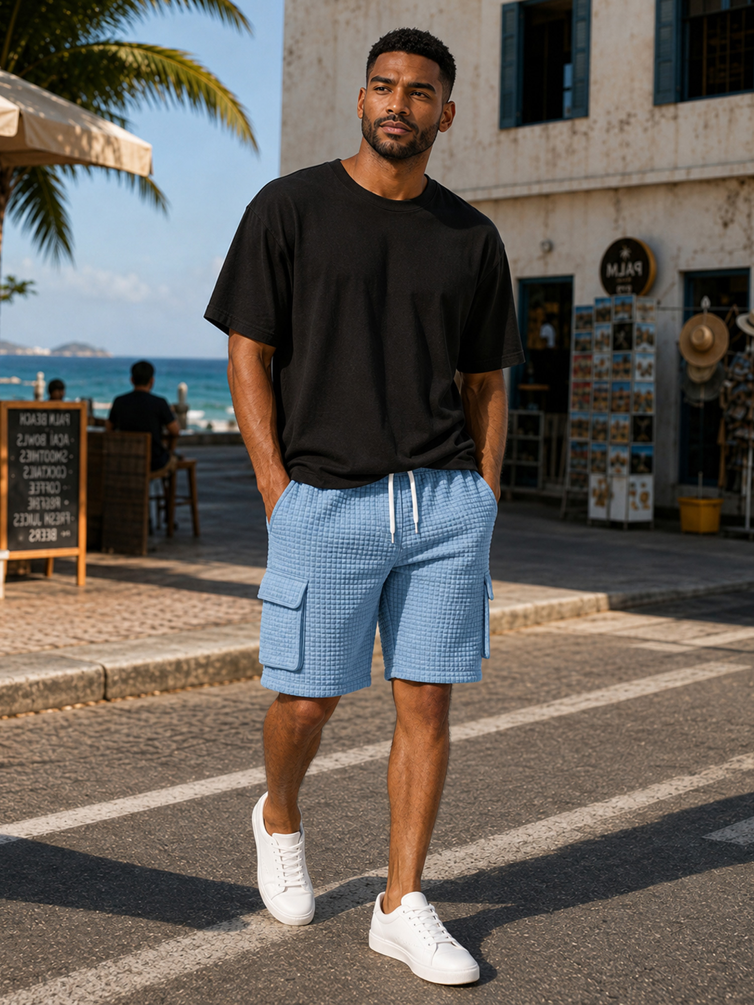 Men's Small-Check Multi-Pocket Casual Utility Shorts with Embroidered Logo