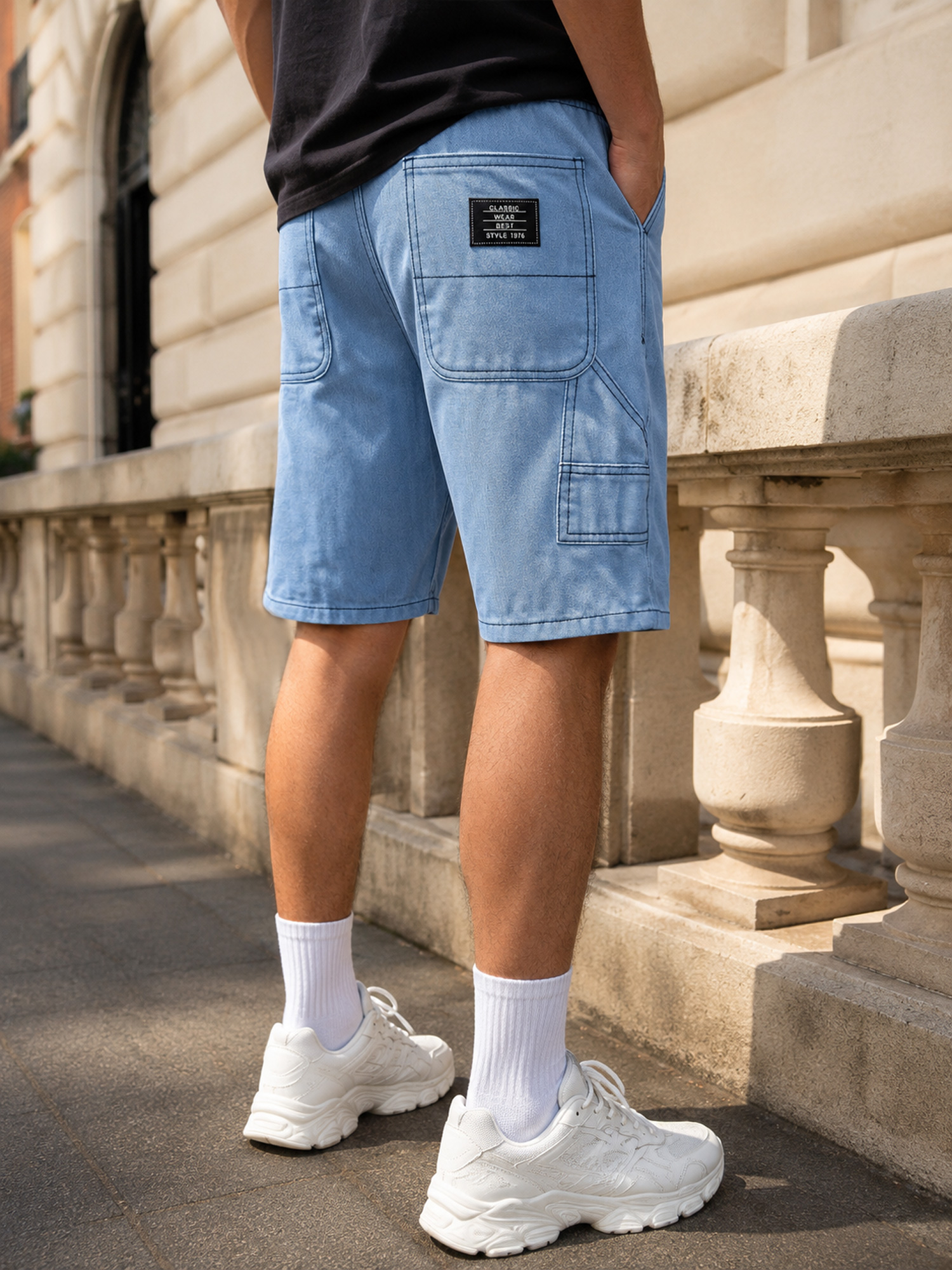 Men's Casual Solid-Color Cargo Shorts with Multiple Pockets and Embroidered Logo