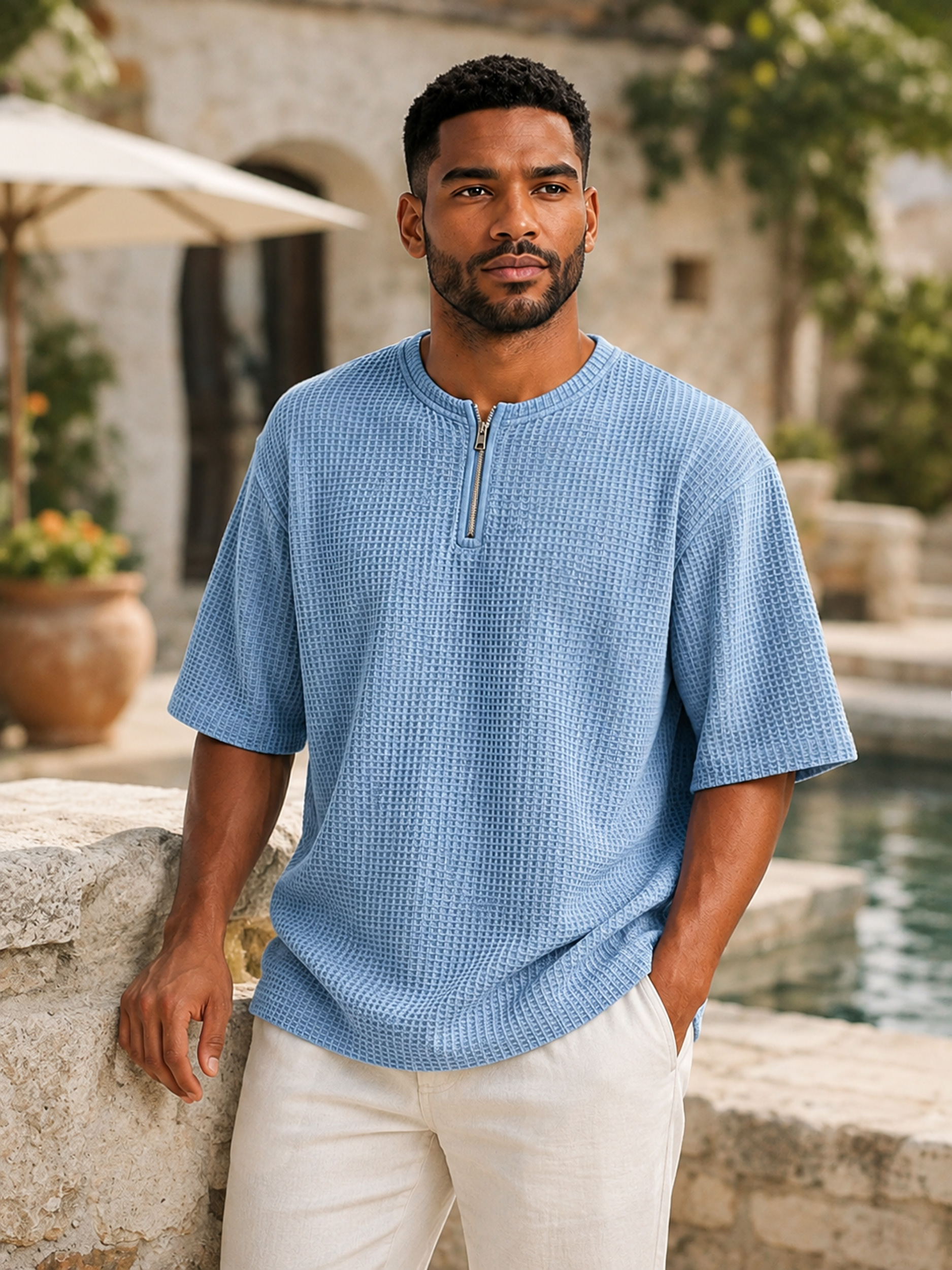 Men's Waffle-Knit Crew-Neck Short-Sleeve T-Shirt with Zipper Detail