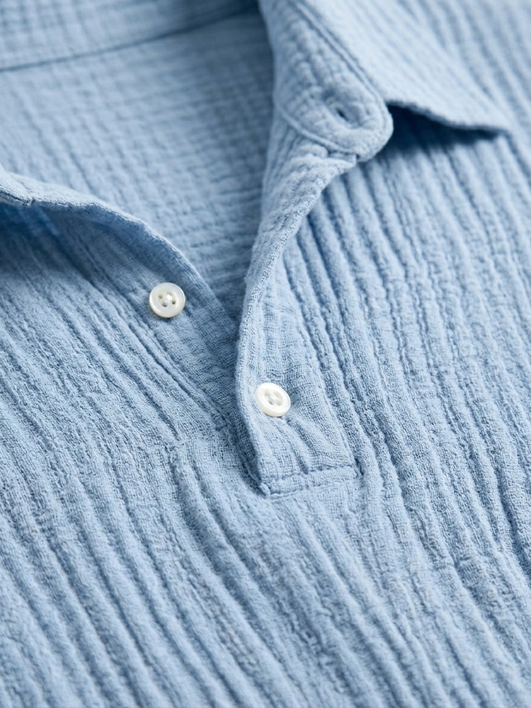 Men's Polo Shirt with Pleated Collar, Button-Down Casual Solid Color Short Sleeve