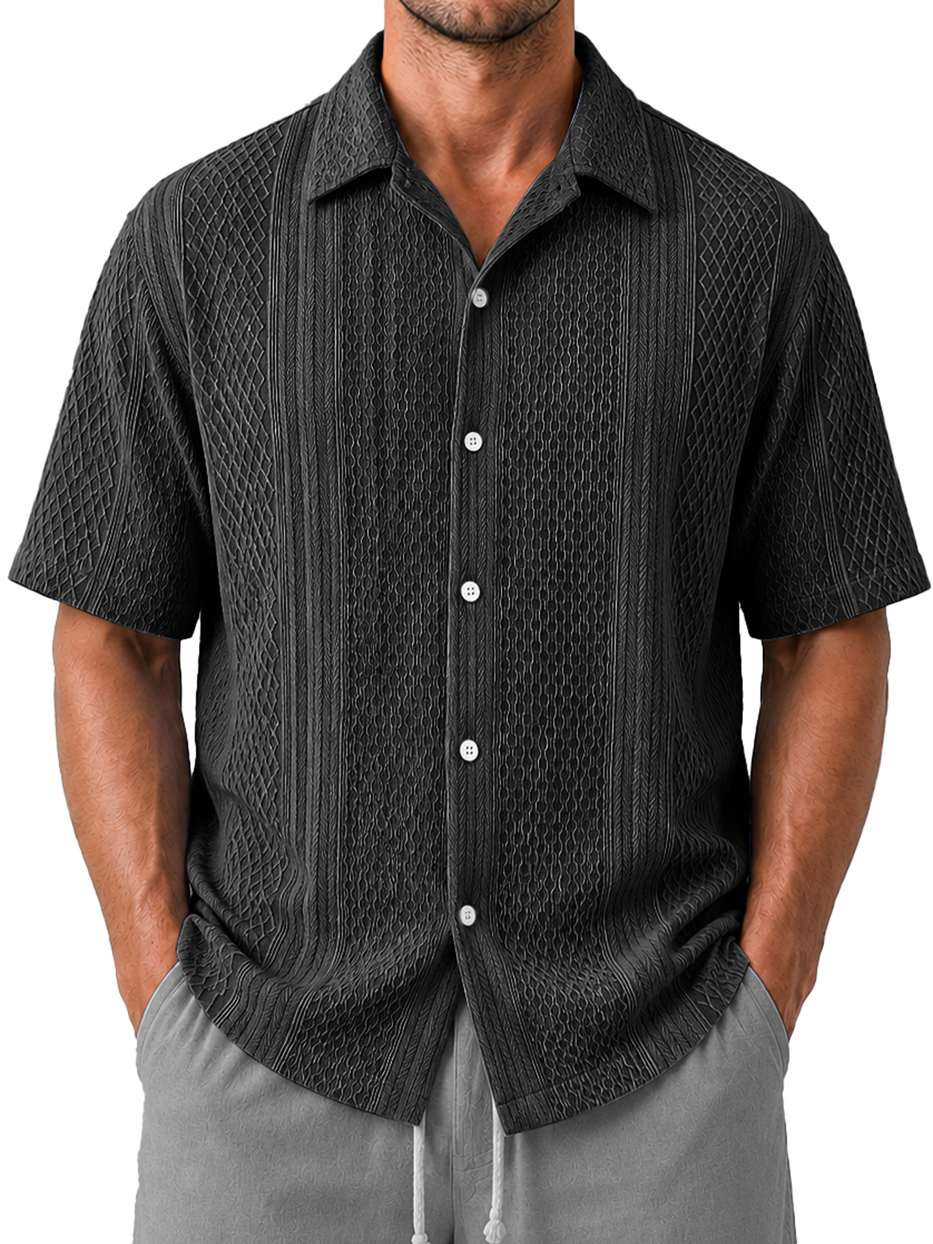 Men's Casual Jacquard Textured Solid Color Short-Sleeve Shirt
