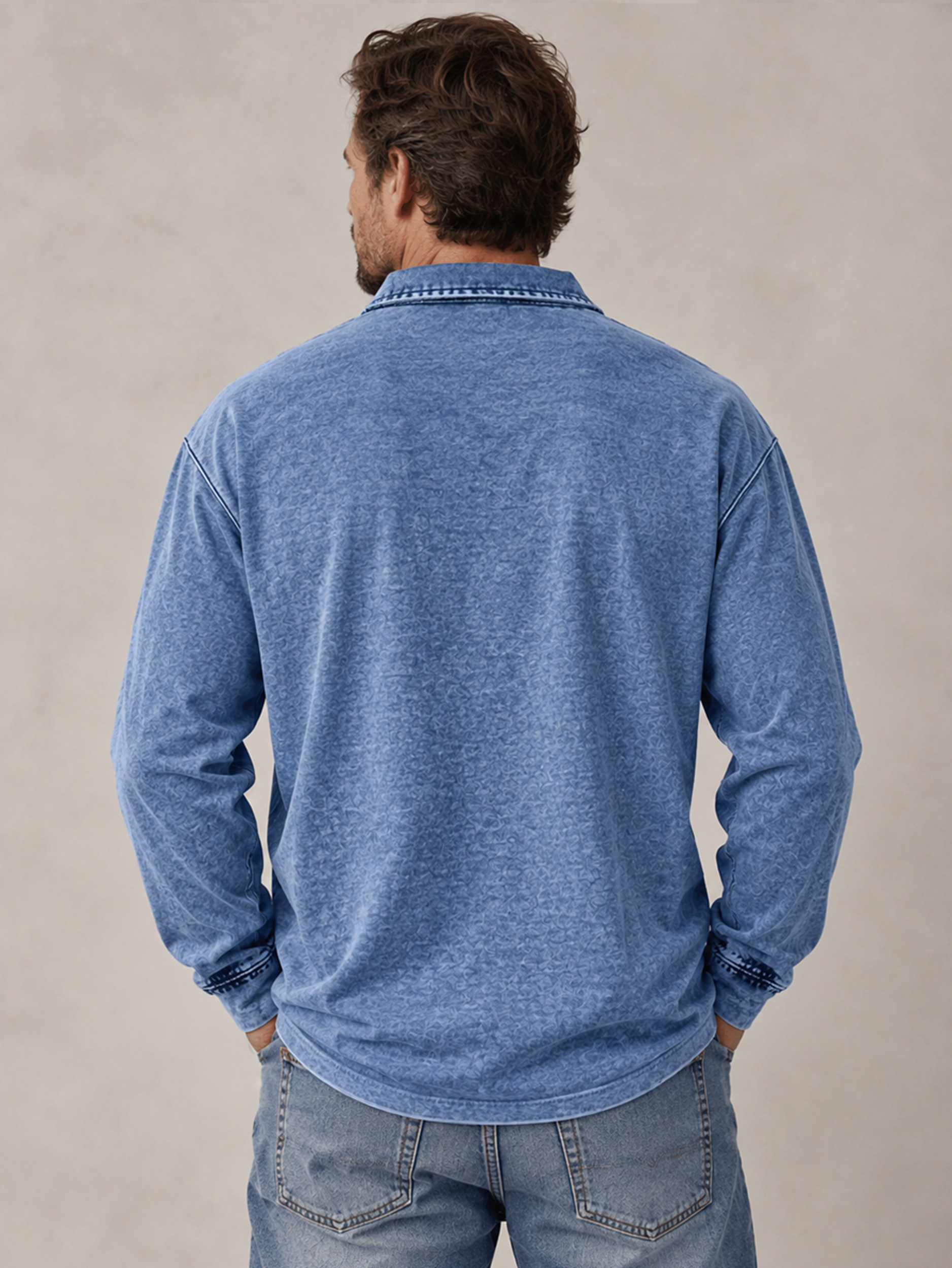 Men's Vintage Washed Cotton Long-Sleeve Polo Shirt with Collar and Button Placket
