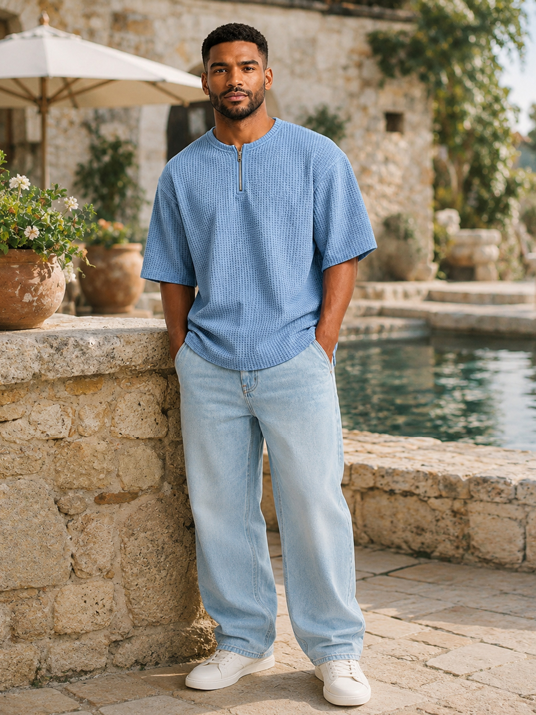 Men's Waffle-Knit Crew-Neck Short-Sleeve T-Shirt with Zipper Detail